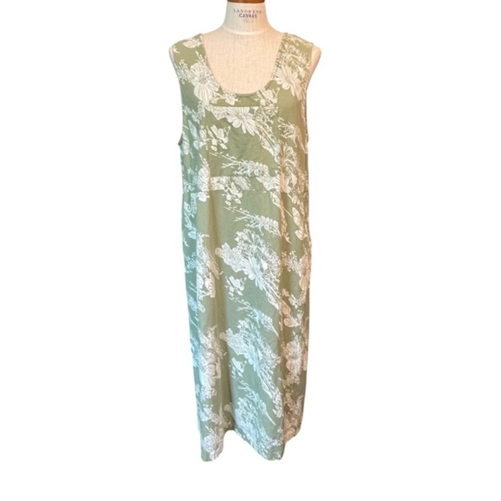 Vermont Country Store Sleeveless Floral Jumper SzL Sage Green Cotton Linen Dress
